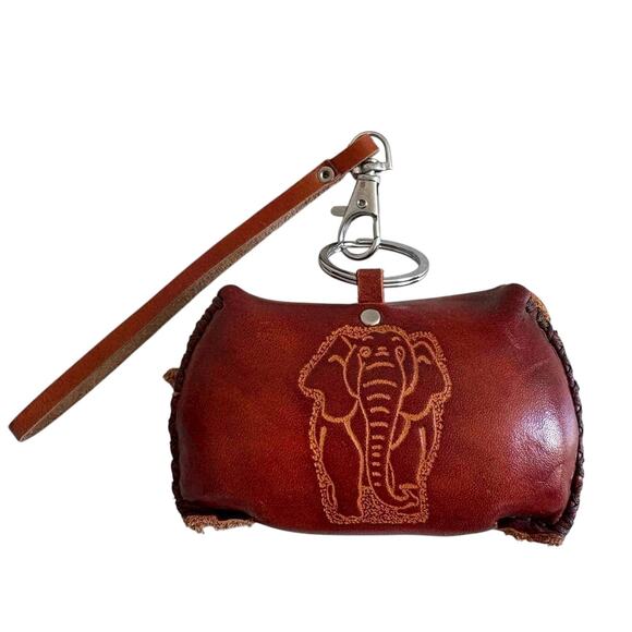 Handmade Elephant Leather Coin Purse Keychain Wristlet Brown Embossed Animal - Picture 4 of 7